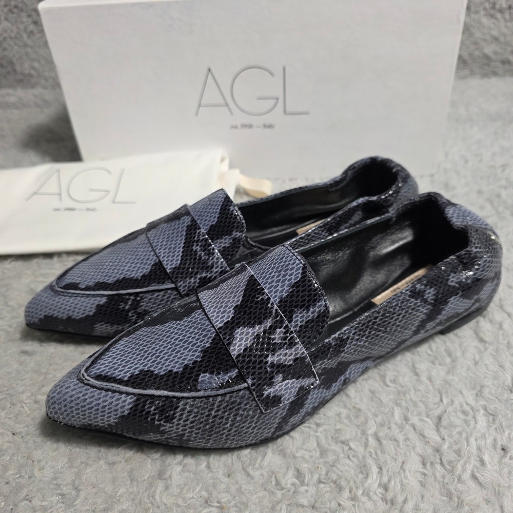 AGL Softy Moc Blue Black Snakeskin Leather Pointed Toe Loafer Flats 35.5 5.5 NEW